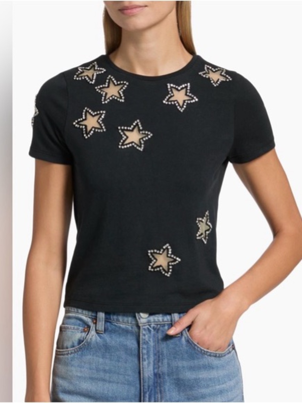 Alice + Olivia Cindy Crystal Star Cutout Crop Tee Black S